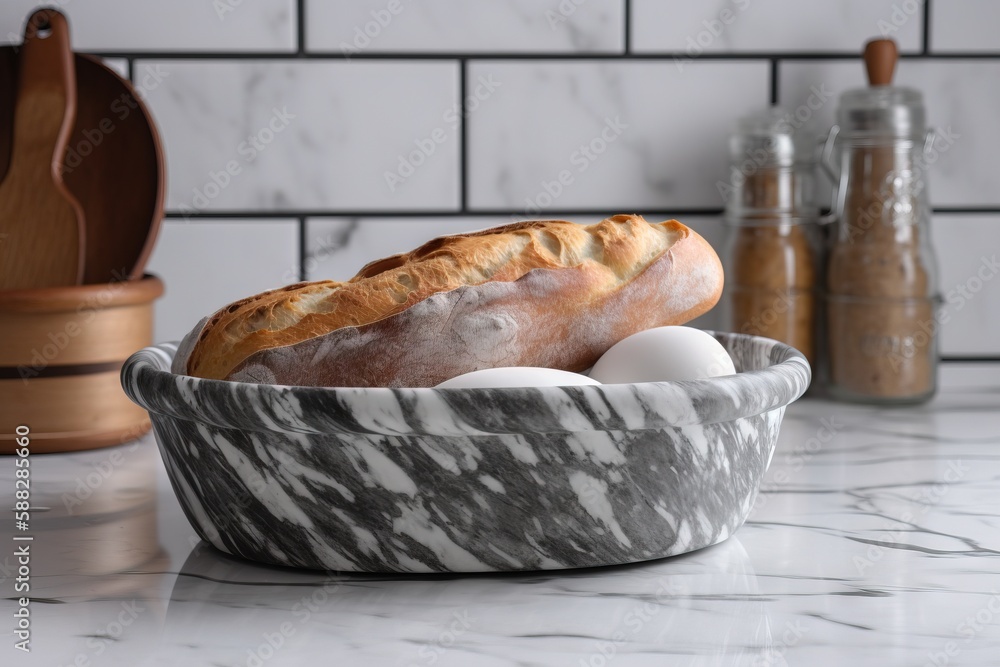  a marble bowl with bread and eggs in it on a marble countertop next to salt and pepper shakers and 