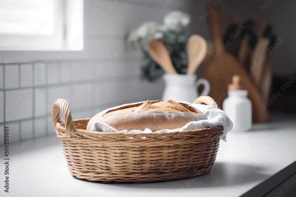  a basket of bread sitting on top of a counter next to utensils and a vase with flowers in it on a c