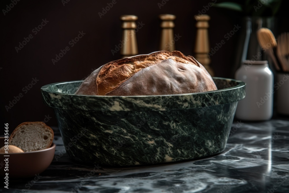  a loaf of bread sitting in a bowl next to a bowl of bread and a bowl of eggs on a table with bottle