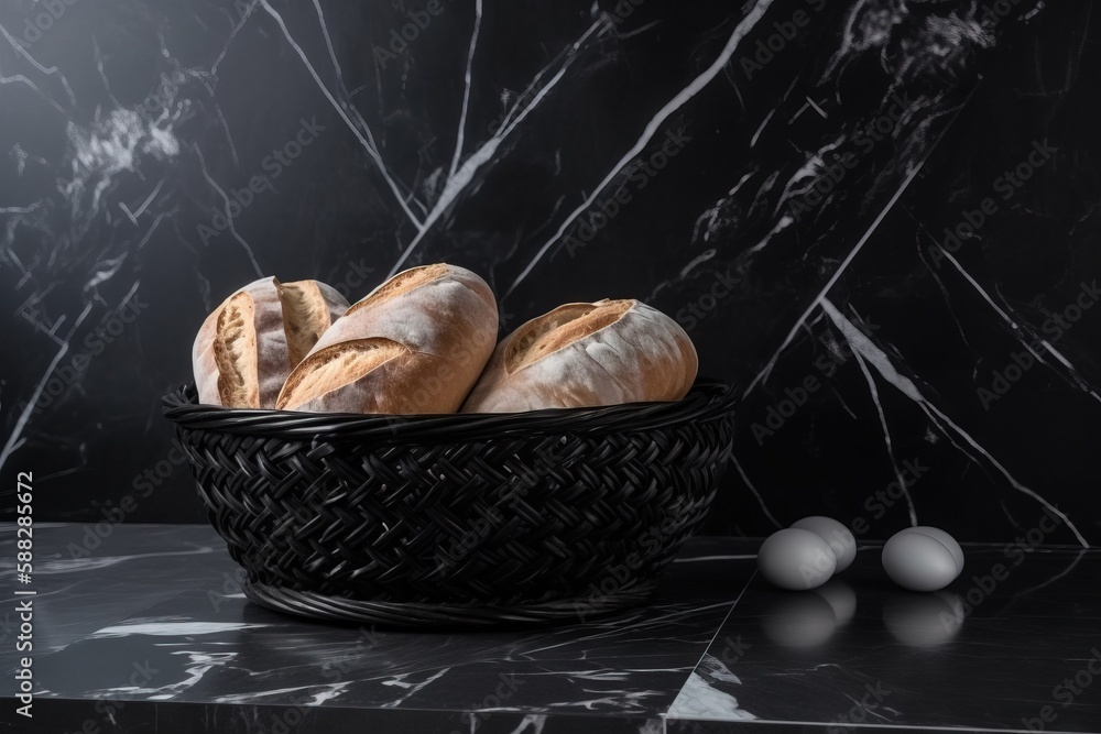  a basket of bread sitting on top of a counter next to a marble counter top with three white balls o