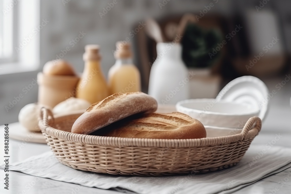  a basket of bread sitting on top of a table next to a bottle of orange juice and a glass of orange 