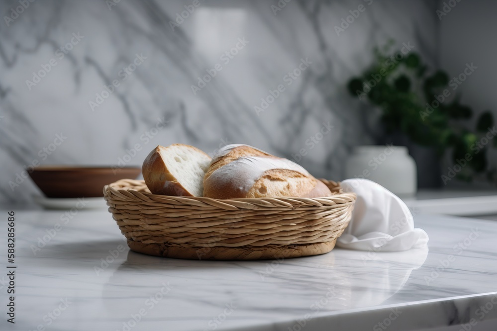  a basket of bread sitting on top of a marble counter top next to a bowl of bread and a plant in a v