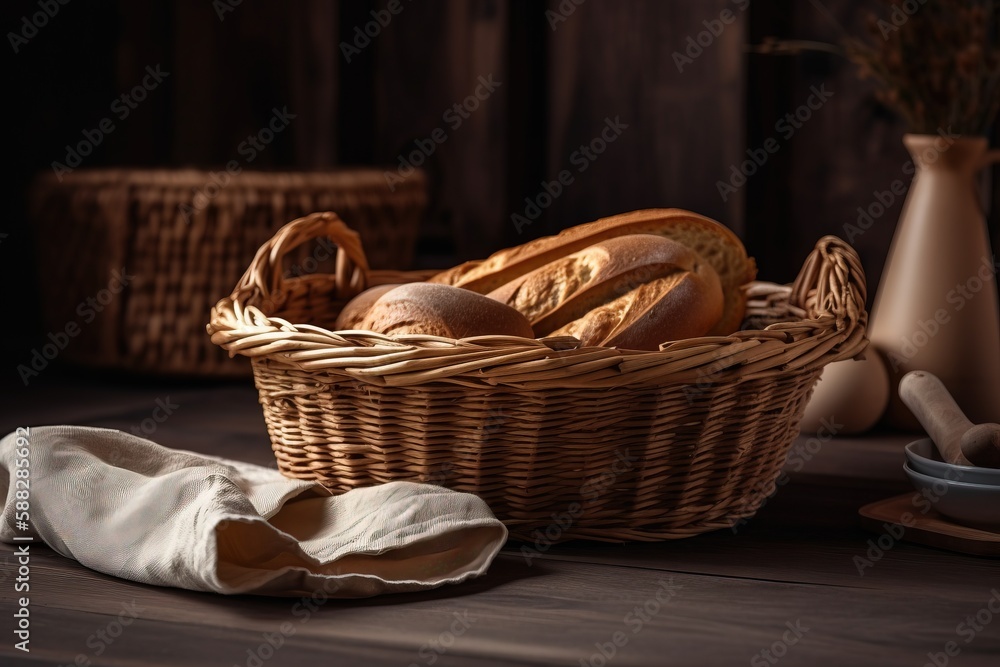  a basket of bread sitting on top of a wooden table next to a plate of bread and a napkin on a table