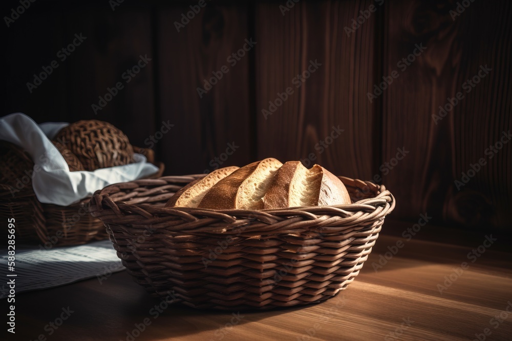  a basket of bread sitting on top of a wooden table next to a white napkin and a wooden wall behind 