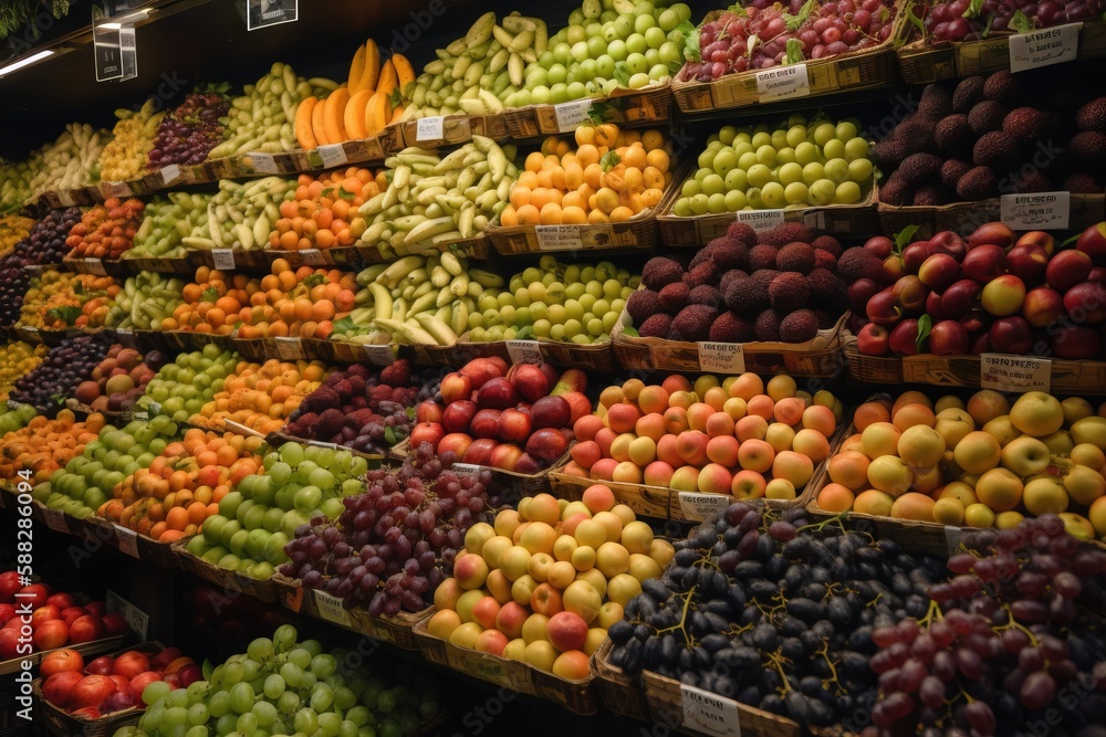  a large display of fruit in a grocery store with a variety of colors and sizes of fruit in baskets 