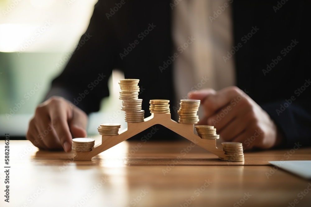  a person stacking coins on top of each other on a wooden table in front of a laptop and a stack of 