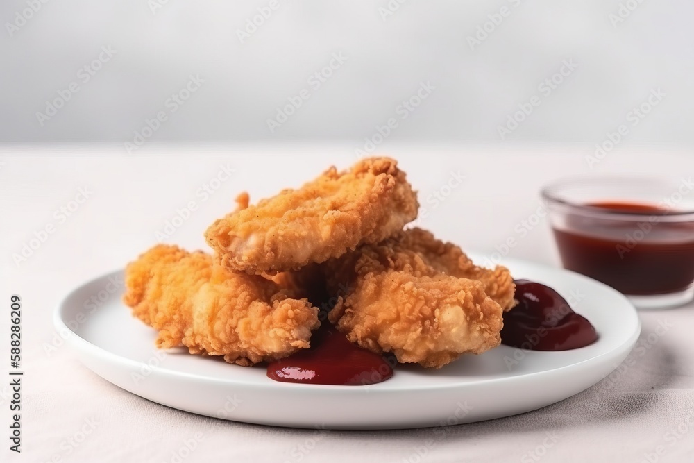  a white plate topped with fried food next to a cup of sauce and a glass of ketchup on a white table