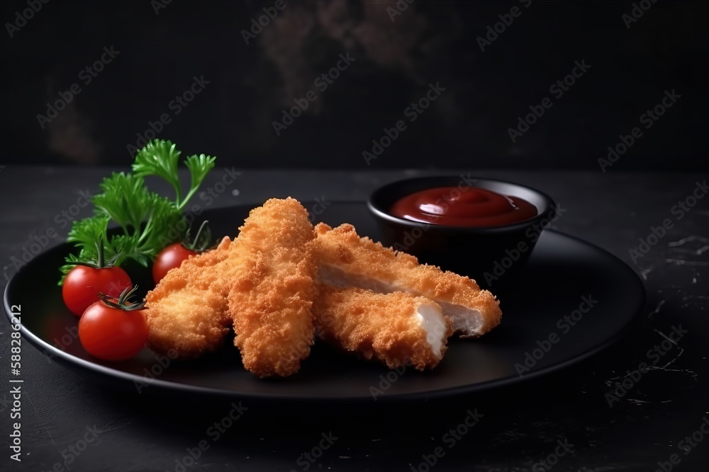  a black plate topped with fried food and a small bowl of ketchup and a cherry tomato on top of a bl