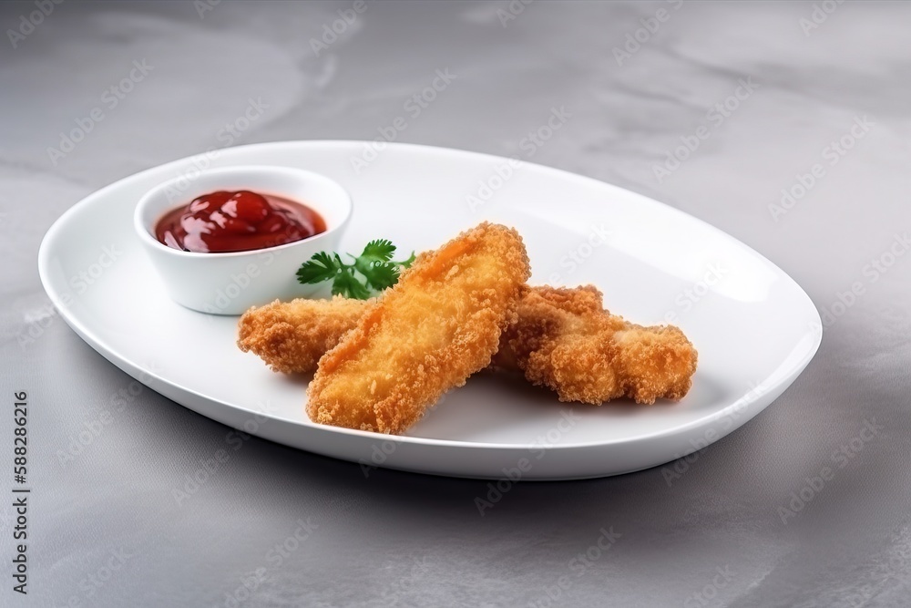  a white plate topped with fried food next to a small bowl of ketchup and a small bowl of ketchup on