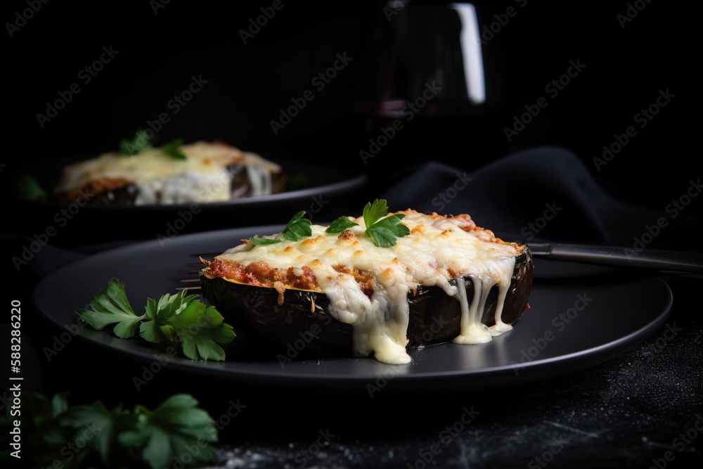  a black plate topped with a stuffed eggplant covered in cheese and parsley next to a glass of wine 