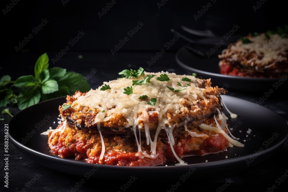  a black plate topped with lasagna covered in cheese and sauce and garnished with parmesan sprinkles