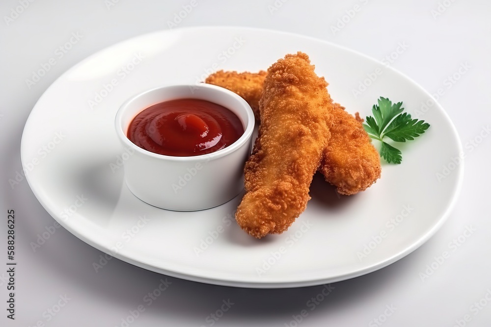  a white plate topped with fried food and a cup of ketchup on a saucer next to a small cup of ketchu