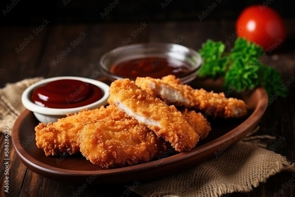  a plate of fried food with ketchup and sauces on a wooden table with a cloth and a tomato in a bowl