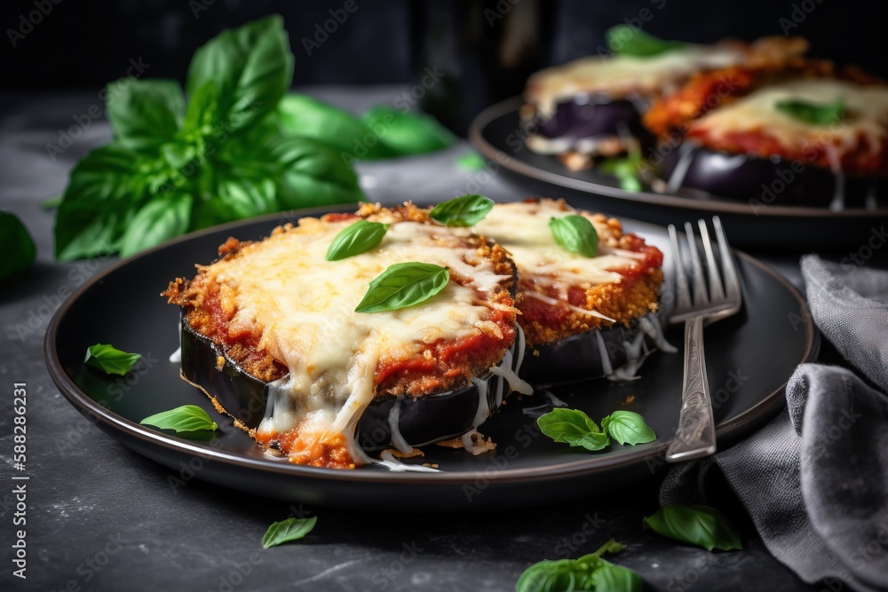  a plate of stuffed eggplant covered in cheese and sauce with a fork next to it and basil leaves on 