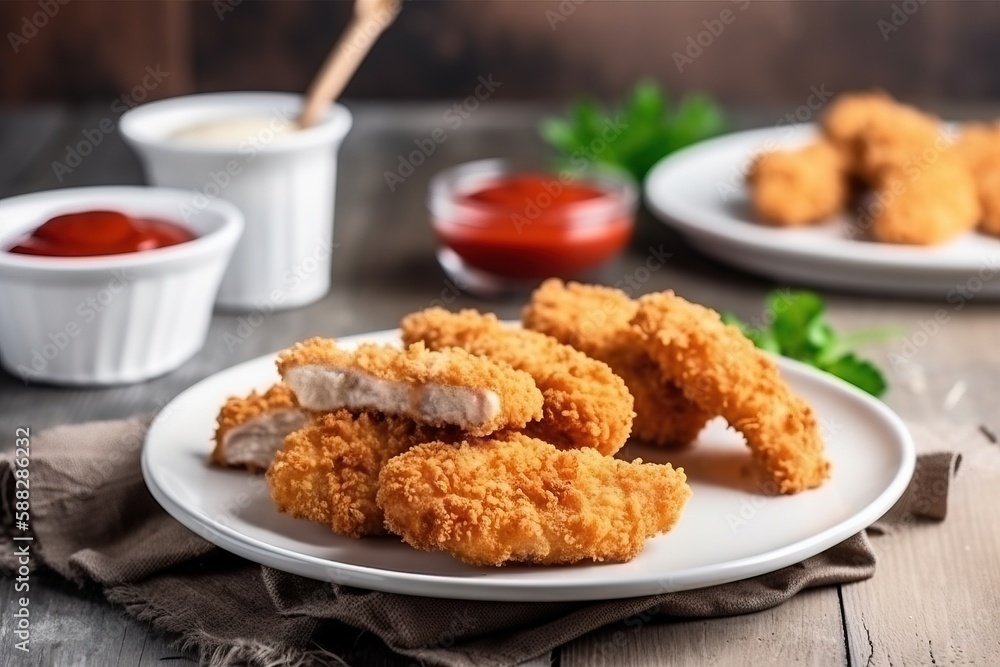  a white plate topped with chicken nuggets next to a bowl of ketchup and a cup of ketchup on a woode