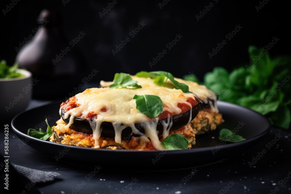  a black plate topped with a lasagna covered in cheese and sauce and garnished with green leafy gree