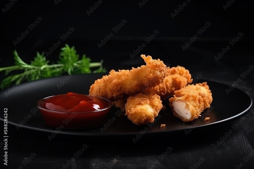  a black plate topped with fried food next to a small bowl of ketchup and a sprig of parsley on the 