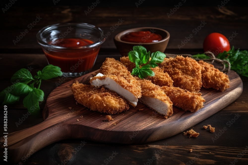  a wooden cutting board topped with chicken strips next to a bowl of ketchup and a glass of ketchup 