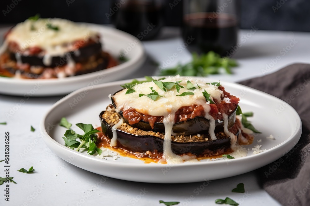  two plates of food with cheese and sauce on them on a table with a glass of red wine in the backgro