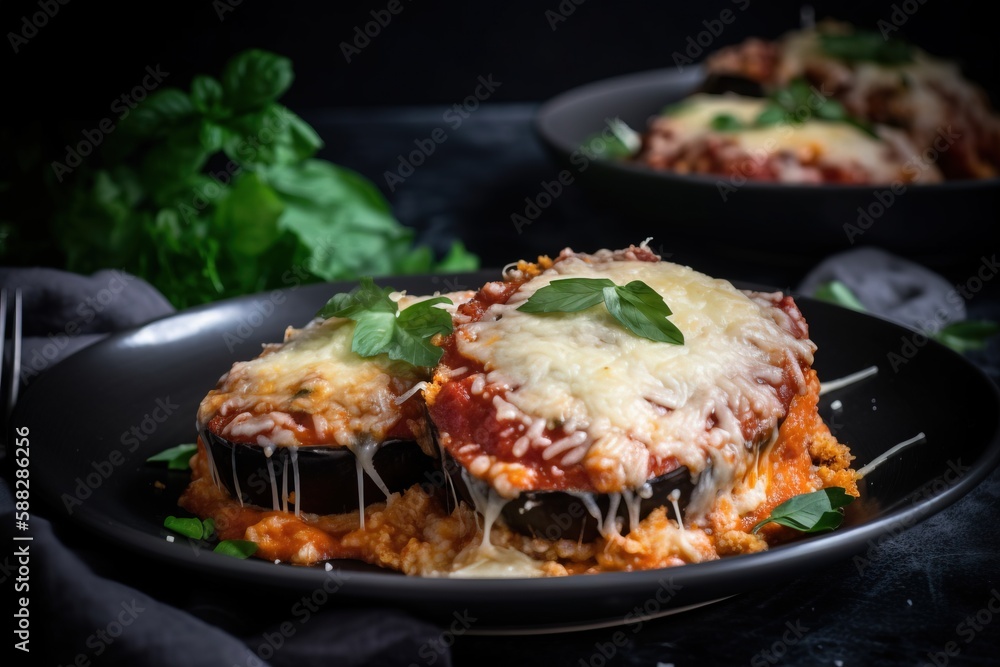  a black plate topped with lasagna covered in cheese and sauce and garnished with green leaves and a