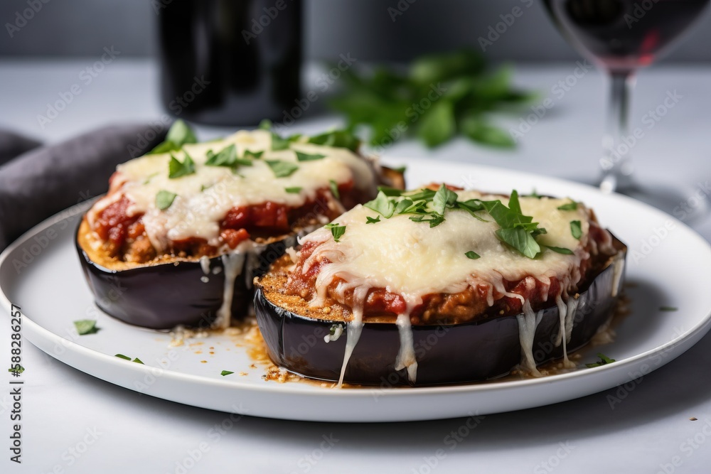  a plate of stuffed eggplant covered in sauce and cheese with a glass of wine in the background on a