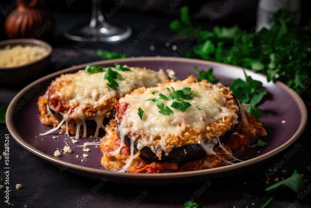  a plate of stuffed eggplant covered in cheese and sauce and garnished with parmesan cheese and pars