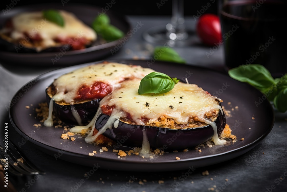  a plate of stuffed eggplant covered in cheese and sauce with a glass of red wine in the backgrouf o