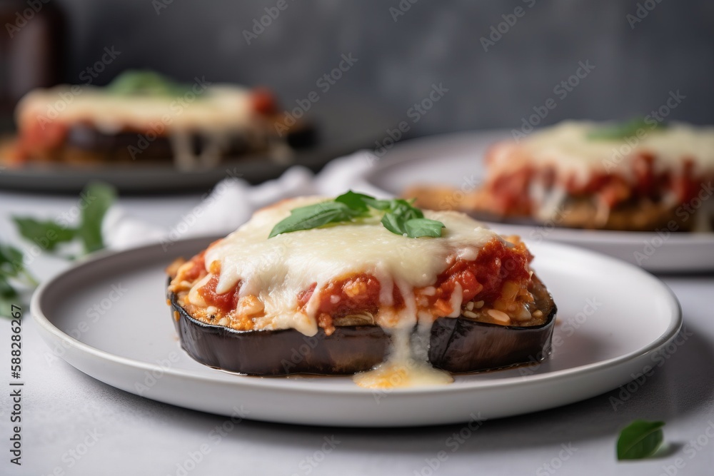  a plate of stuffed eggplant covered in cheese and sauce with a fork next to it and a bottle of wine