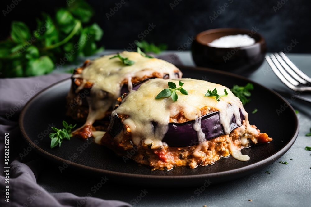  a black plate topped with lasagna covered in cheese and sauce and garnished with parsley next to a 