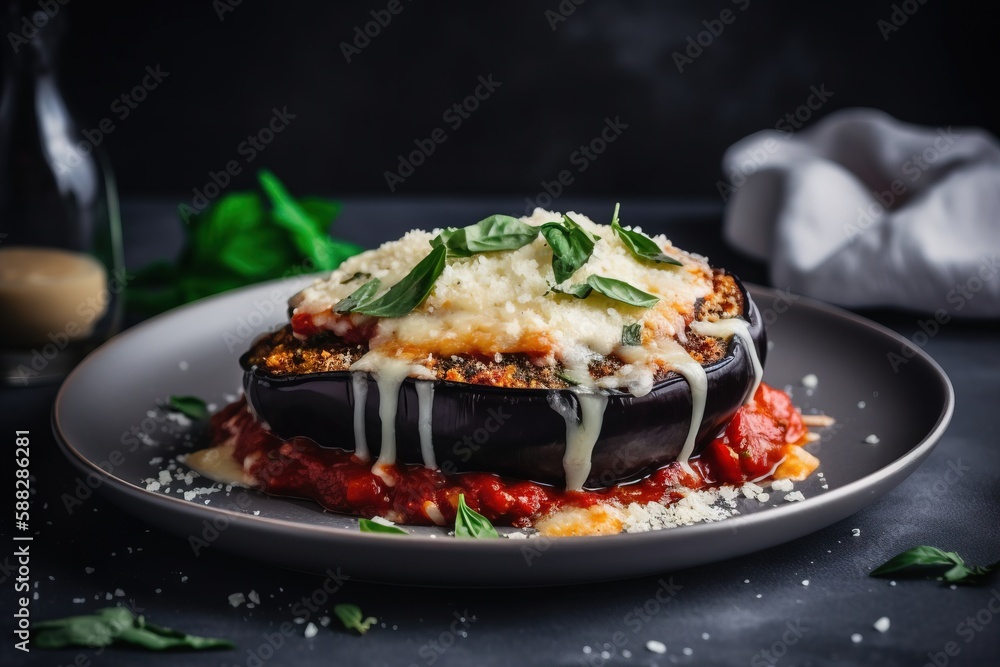  a plate of stuffed eggplant covered in cheese and sauce with basil leaves on top of it and a glass 