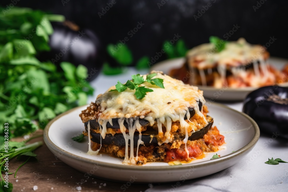  a plate of lasagna topped with cheese and parsley on a wooden table next to some fresh herbs and an