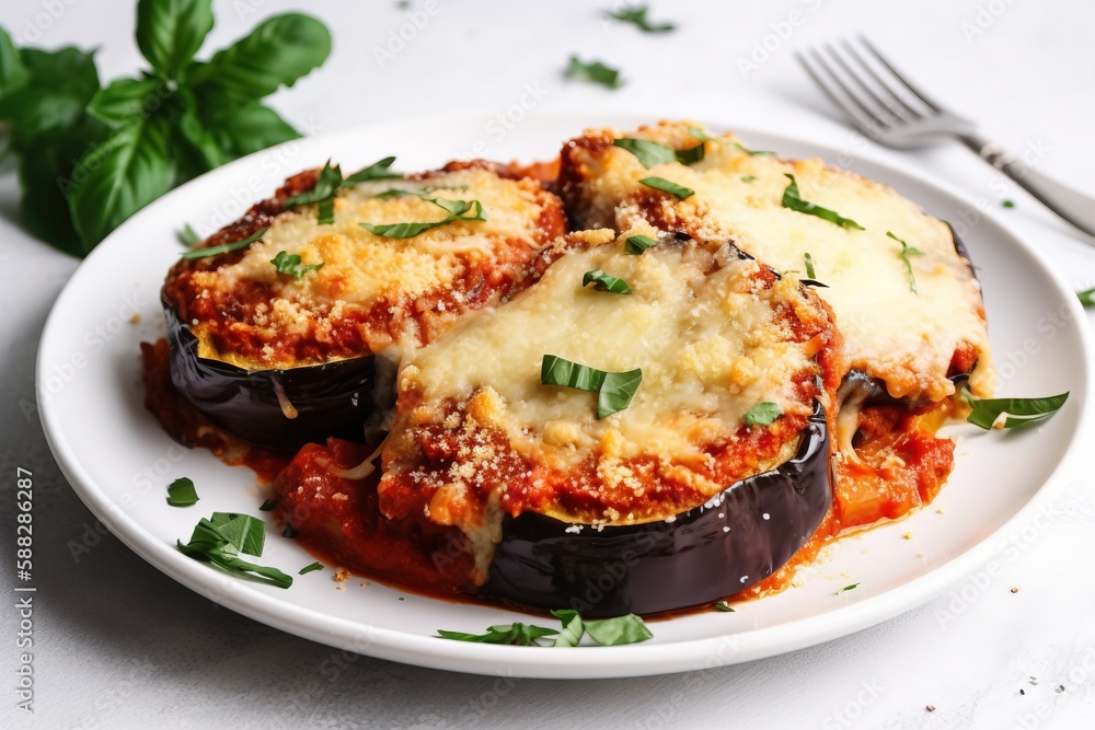  a white plate topped with stuffed eggplant covered in cheese and sauce and garnished with parmesan 