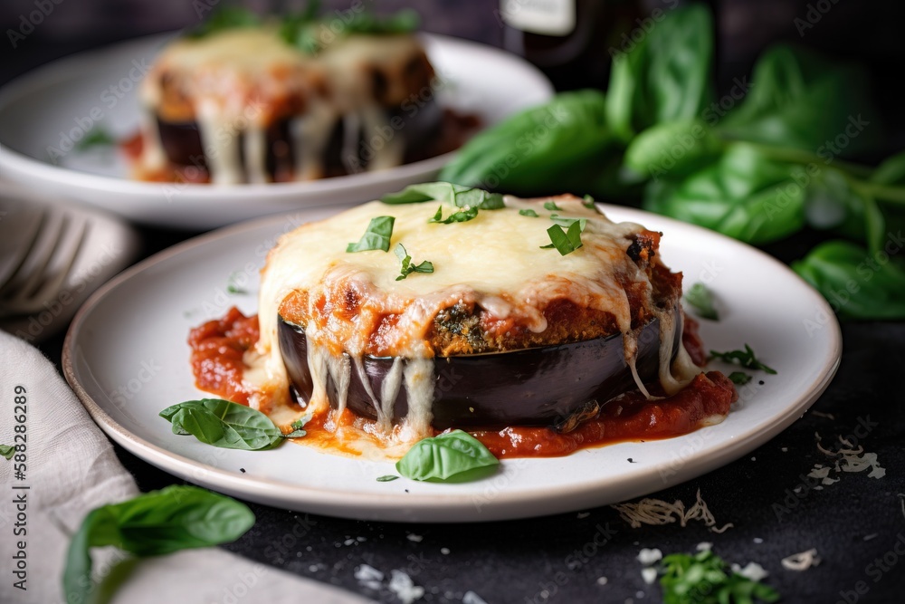  a plate with a stuffed eggplant covered in sauce and cheese with basil leaves on top of the plate a