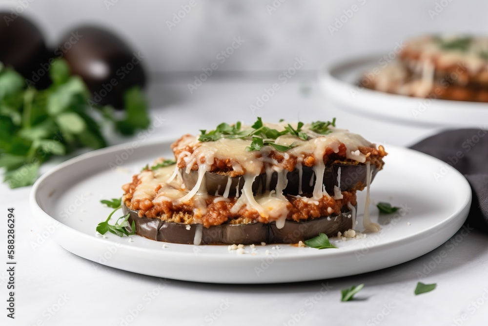  a white plate topped with a stuffed eggplant covered in cheese and sauce and garnished with parsley