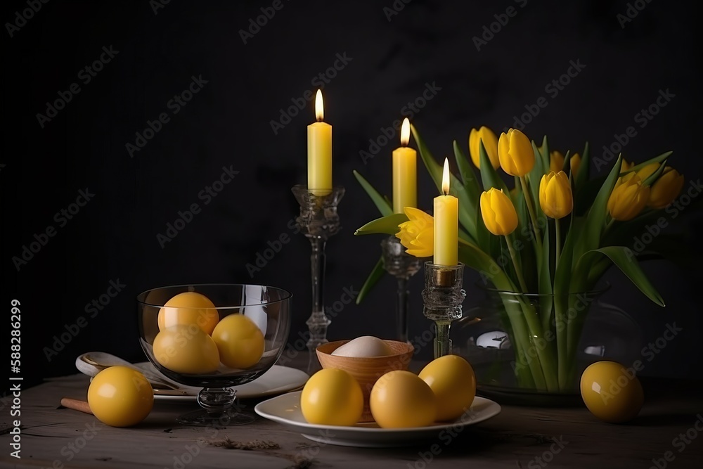  a table topped with a bowl of eggs and a vase filled with yellow tulips next to a candle and a bowl