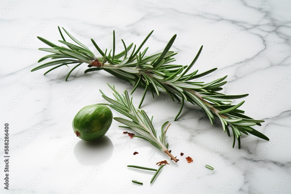  a sprig of rosemary next to an olive on a marble counter top with a sprig of rosemary next to it on