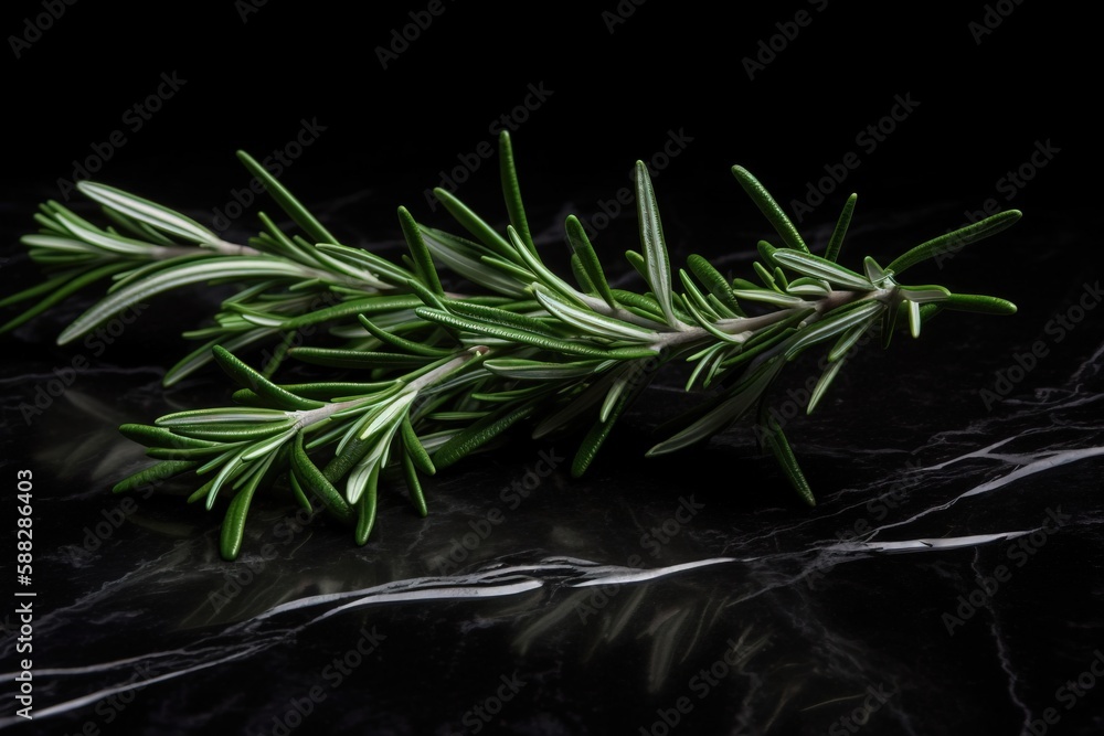  a sprig of rosemary on a black marble table top with a black marble surface in the foreground and a