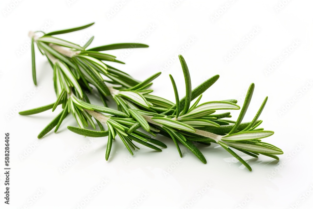  a sprig of rosemary on a white background with a reflection of the leaves on the surface of the pic