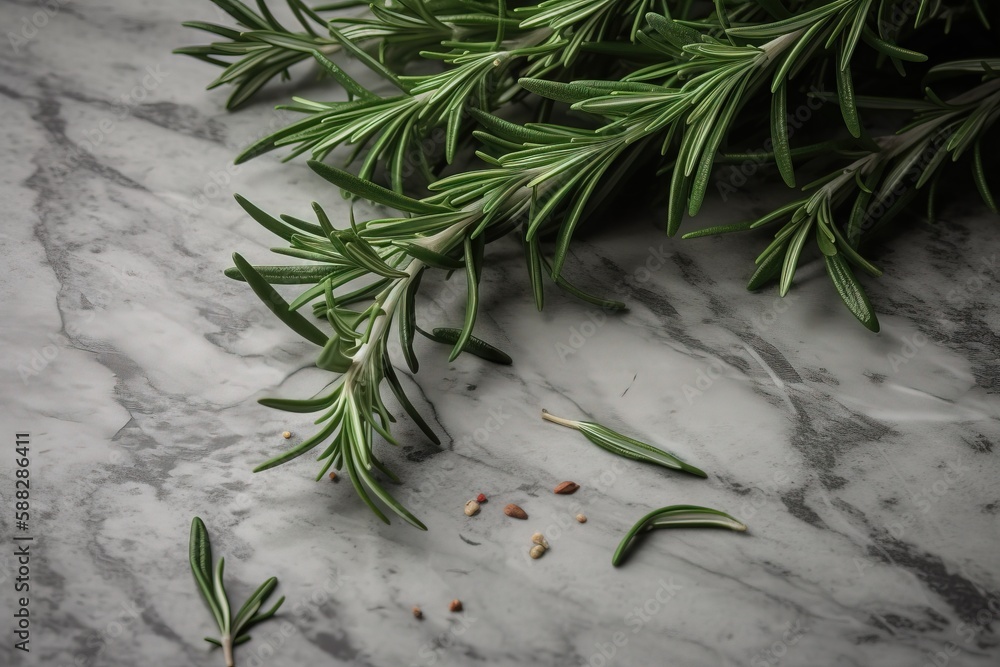  a close up of a rosemary plant on a marble surface with a sprig of rosemary in the foreground of th