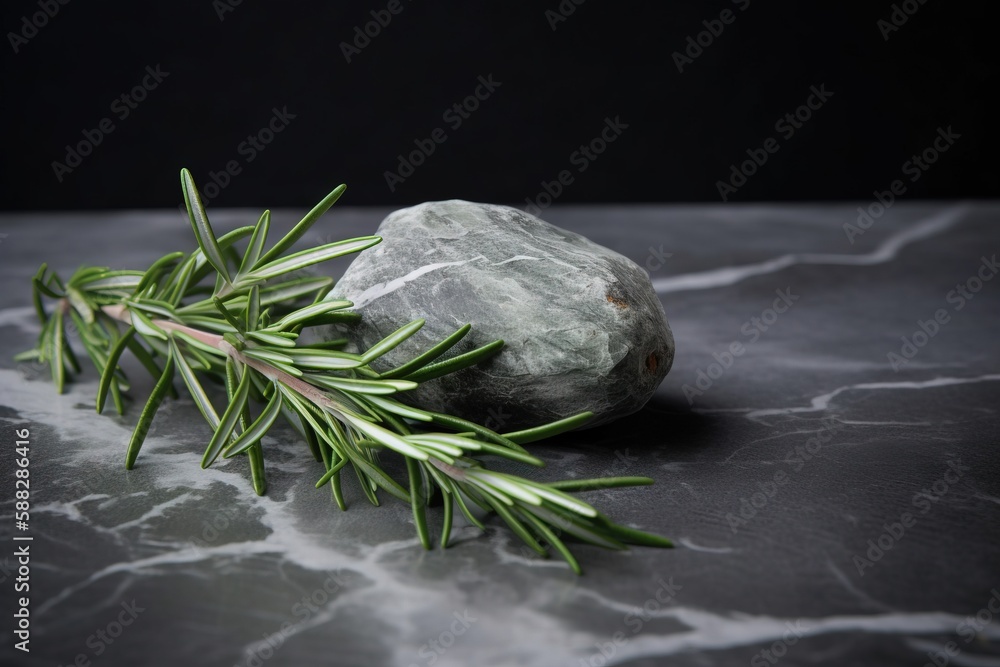  a rock and a sprig of rosemary on a marble table top with a black background and a black background