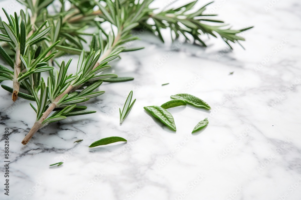  a close up of a plant on a marble surface with leaves and a sprig of rosemary on the side of the ta