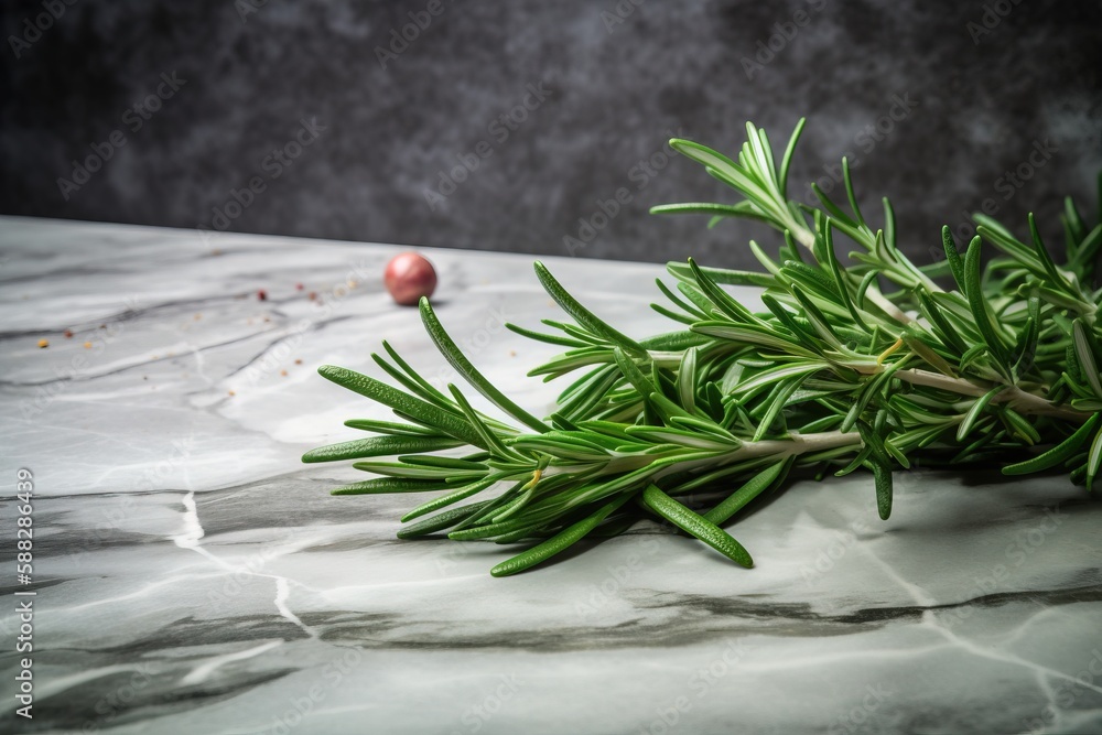  a sprig of rosemary on a marble surface with a red pepper in the background and a red pepper in the