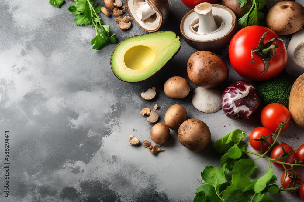  a variety of vegetables and fruits on a table top with a gray background and a gray background with