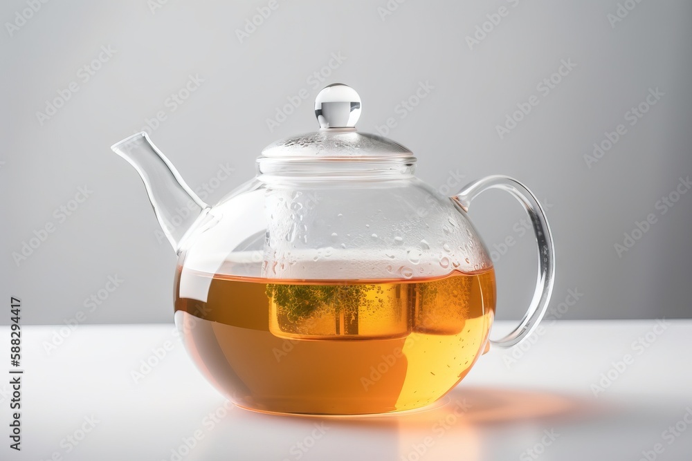  a glass tea pot filled with tea on a white tablecloth with a tea strainer in the shape of a teapot 