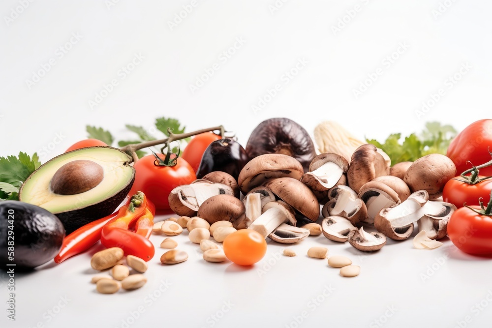  a pile of assorted vegetables and nuts on a white background with a white background behind it and 