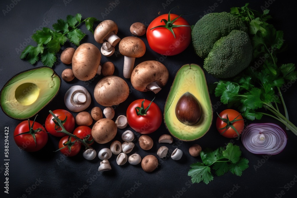  a table topped with lots of different types of fruits and vegetables next to broccoli and mushrooms