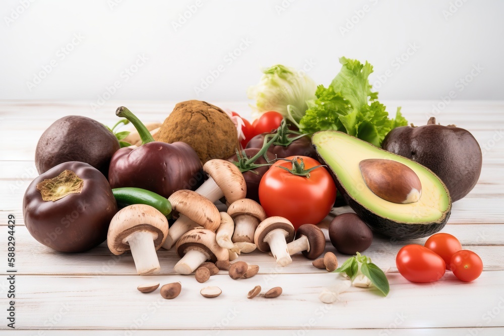  a pile of different types of vegetables on a white wooden table with a white background and a white