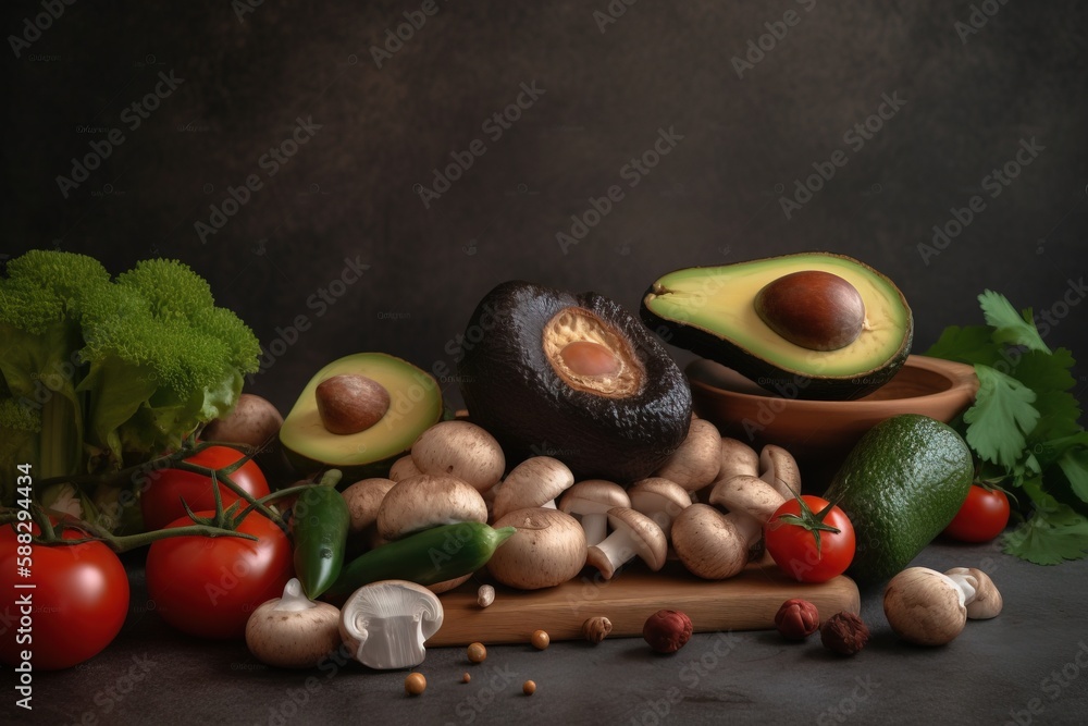  an avocado, tomatoes, mushrooms, and other vegetables on a cutting board on a dark surface with a b