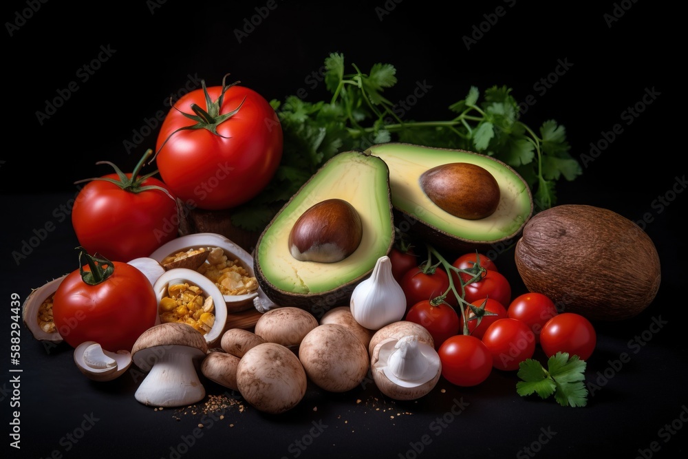  a pile of vegetables and fruits on a black background with a black background with a black backgrou