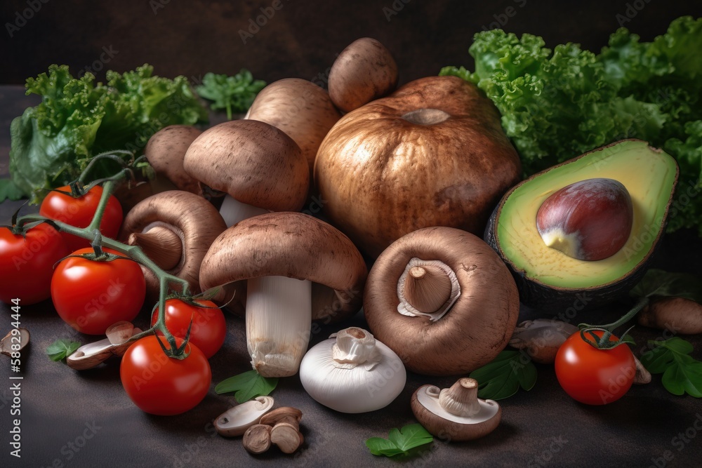  a group of mushrooms, tomatoes, avocado, mushrooms, and lettuce on a black tablecloth with a black 